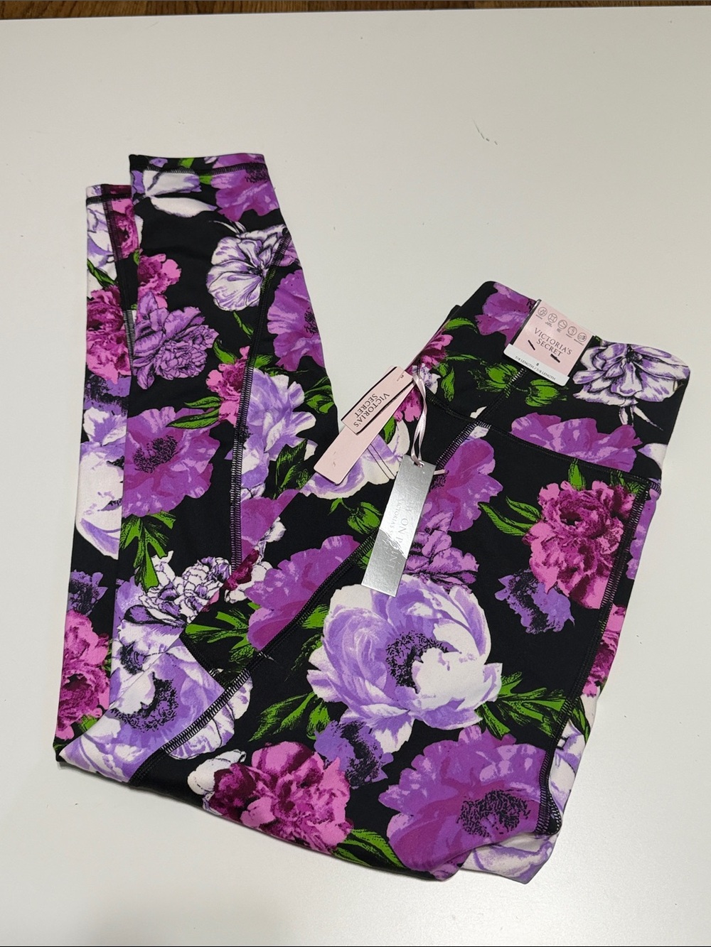 Victoria's Secret Black Leggings with Purple & Pink Floral Print
